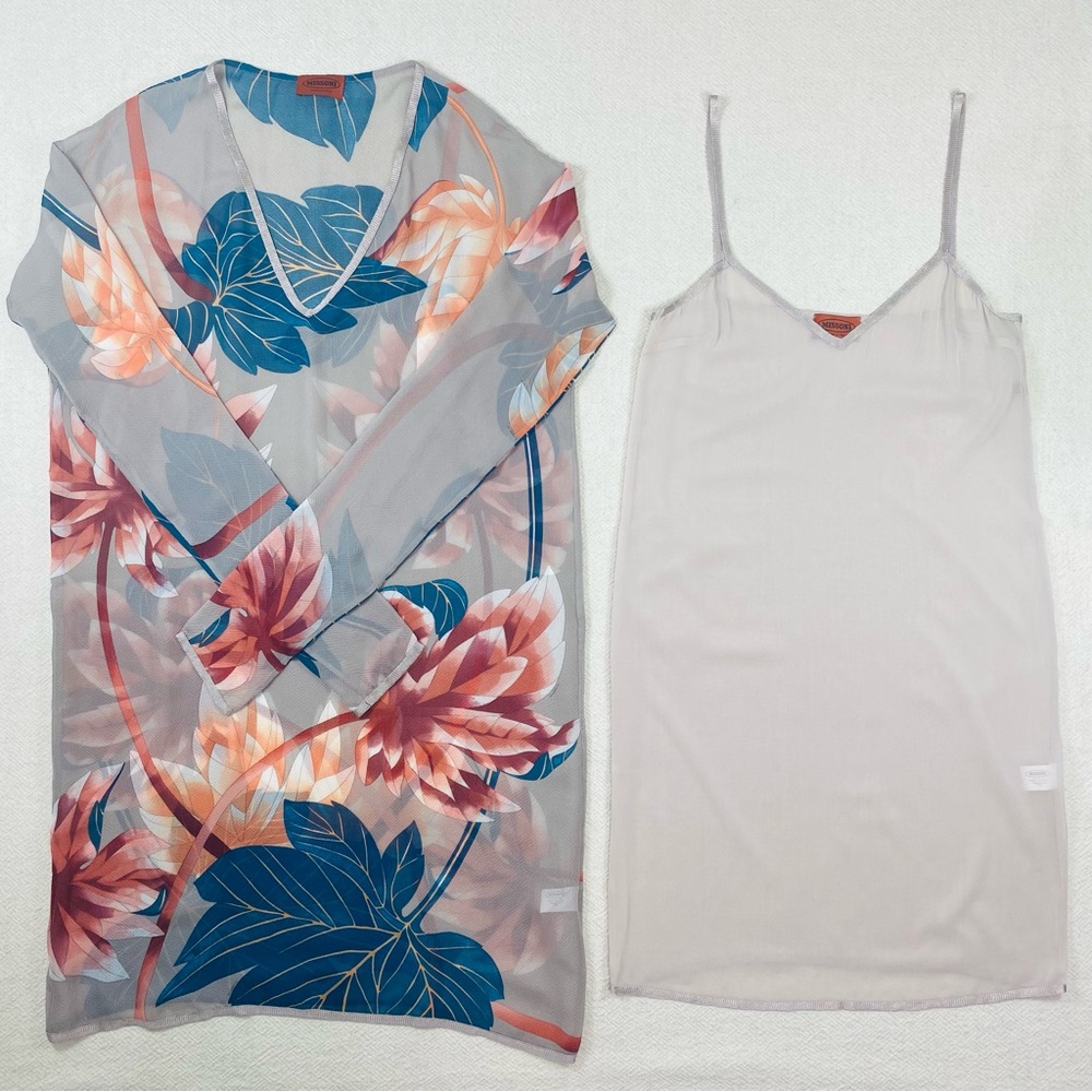 MISSONI Silk Floral Sheer Dress & Silk Slip Matching 2 Pc Set IT 40, Small